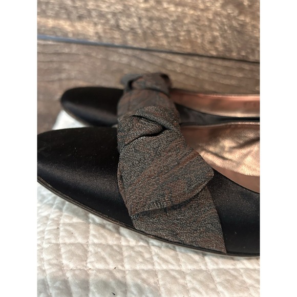 Salvatore Ferragamo Women's Black Silk Ballet Flats with Brown Satin Bow 8 - Picture 3 of 11